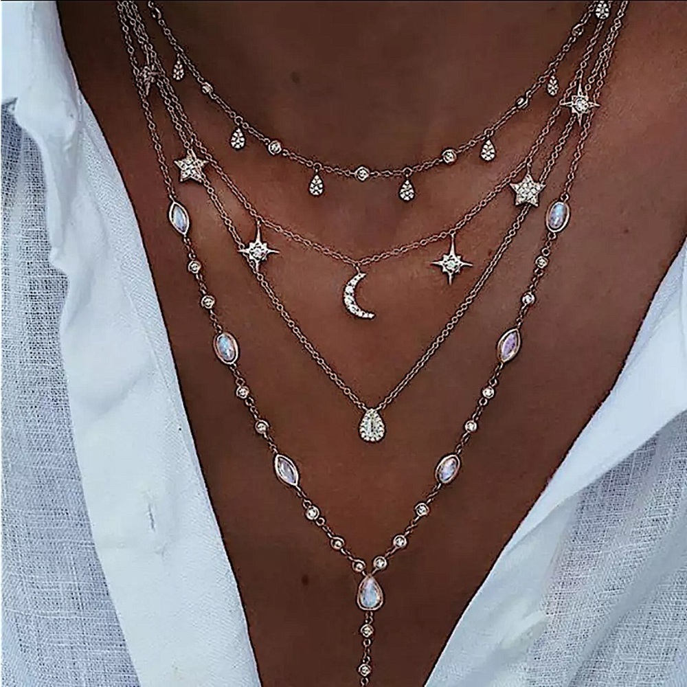 Gold Y Lariat Sun Moon Drop Crystal Multilayer Bohemian Pendant Necklace